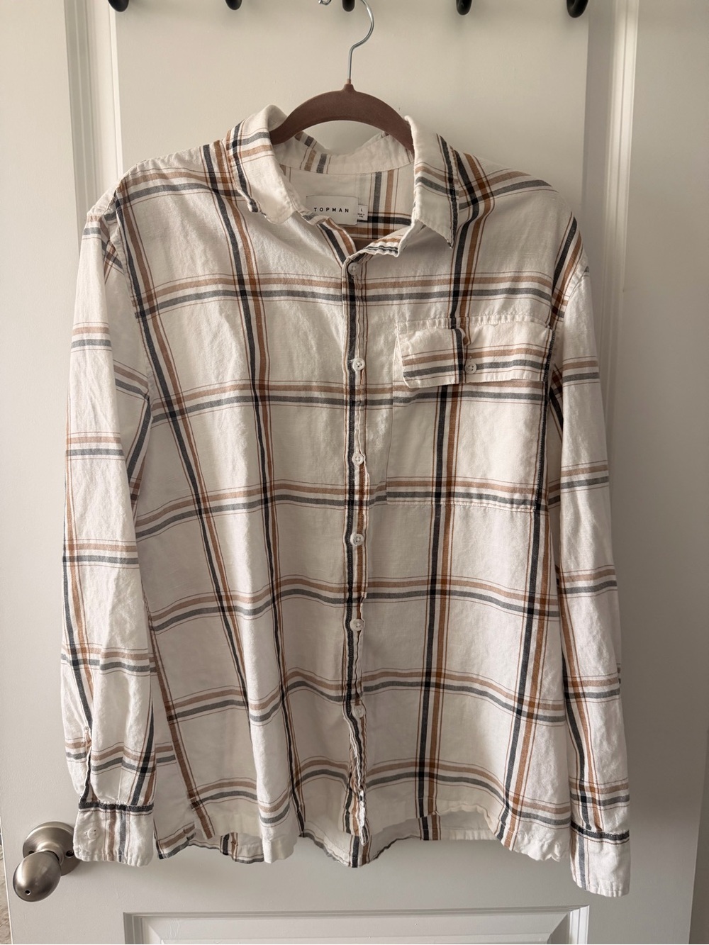Topman White Plaid Button-Down Shirt with Brown and Gray Stripes